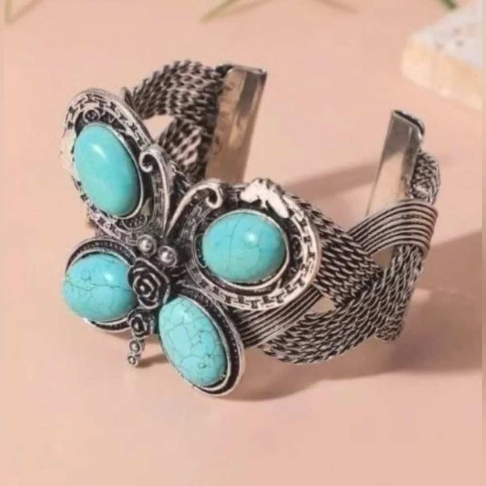 Turquoise and Silver Women's butterfly Bracelet - Picture 2 of 5